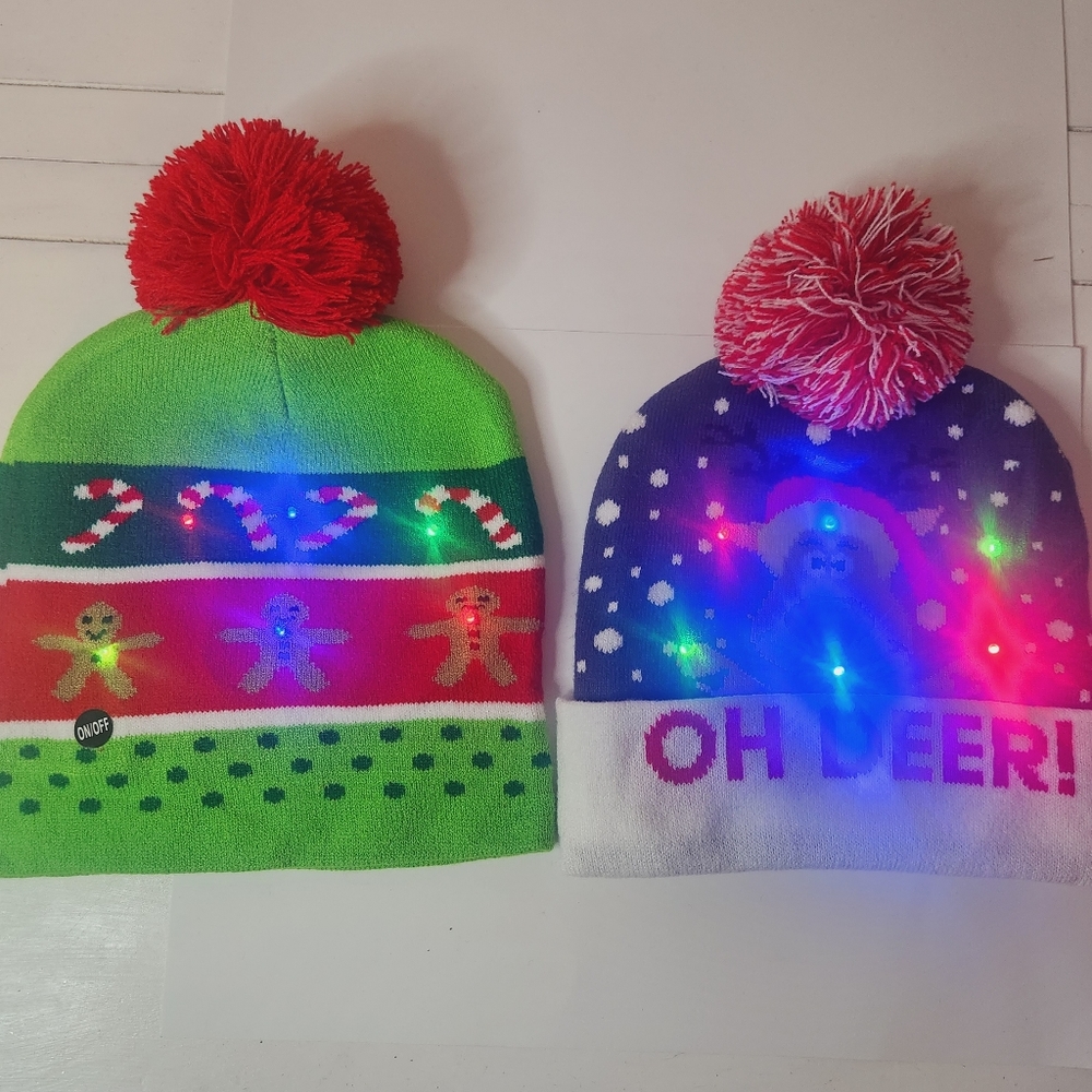 2 Christmas Lighted Beanie Hats. Oh Deer! And candy canes adult size